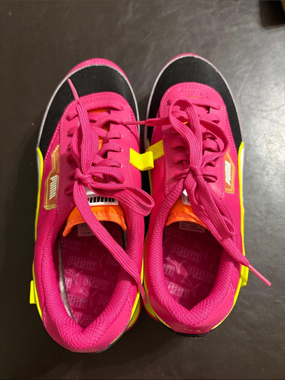 Puma Kids Hot Pink and Black Sneakers with Neon Yellow Accents